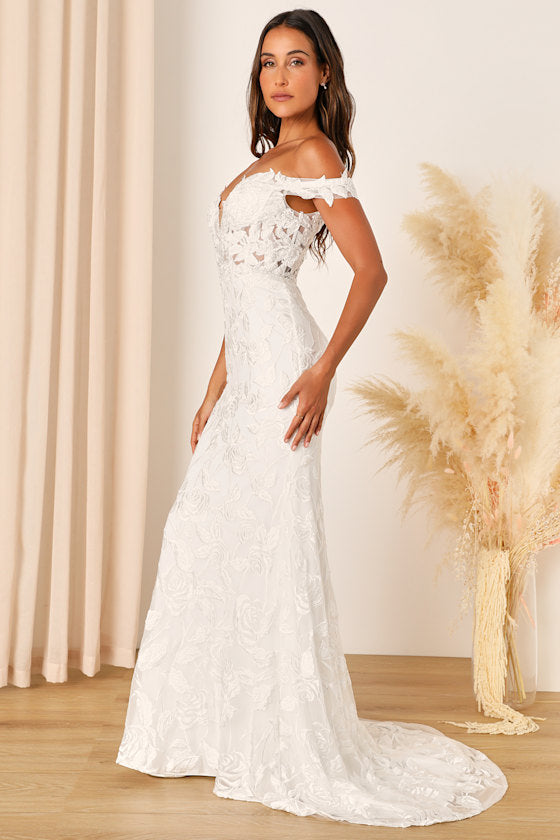 Precious Romance White Embroidered Off-the-Shoulder Maxi Dress