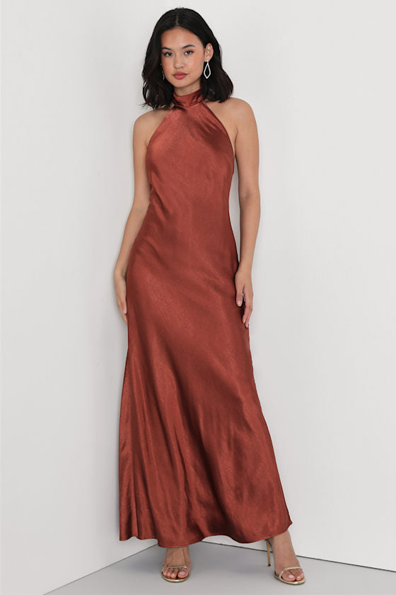 Love in Your Life Rust Brown Satin Halter Maxi Dress
