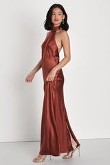 Love in Your Life Rust Brown Satin Halter Maxi Dress