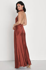 Love in Your Life Rust Brown Satin Halter Maxi Dress