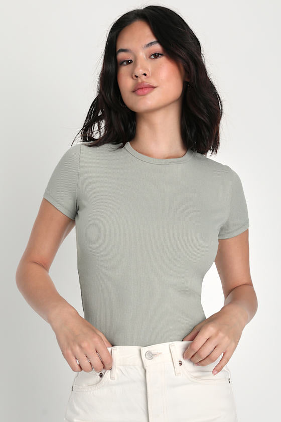 Effortless Upgrade Sage Green Ribbed Short Sleeve Top