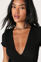 Stylish Appeal Black Textured Short Sleeve Top