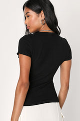 Stylish Appeal Black Textured Short Sleeve Top