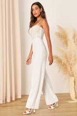 Eloquently Enticing White and Beige Lace Bustier Jumpsuit