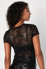 Clearly Sultry Black Lace Sheer Short Sleeve Top