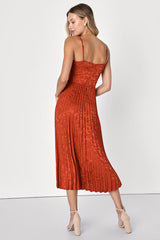 Regal Romance Rust Floral Jacquard Pleated Satin Midi Dress