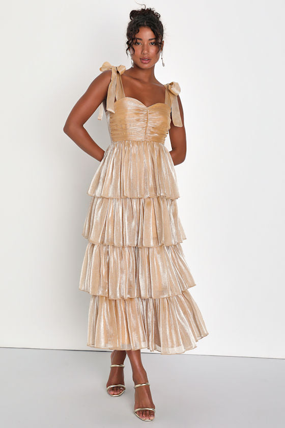 Radiant Arrival Shiny Gold Organza Tiered Tie-Strap Maxi Dress