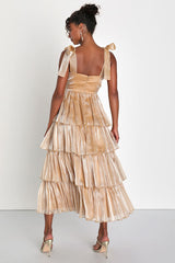 Radiant Arrival Shiny Gold Organza Tiered Tie-Strap Maxi Dress