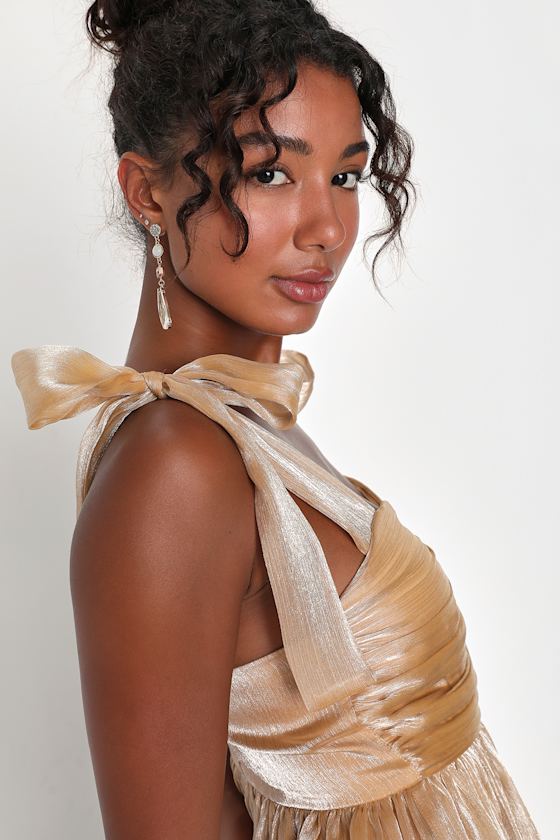Radiant Arrival Shiny Gold Organza Tiered Tie-Strap Maxi Dress