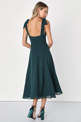 Sophisticated Charisma Dark Teal Tie-Strap A-Line Midi Dress