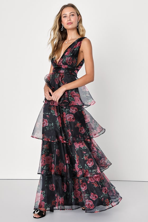 Garden Radiance Black Floral Print Organza Tiered Maxi Dress