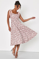 Bubbly Bliss Mauve Pink Jacquard Bustier Tie-Strap Midi Dress