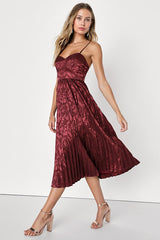 Chic Sensibility Burgundy Satin Jacquard Pleated Midi Dress