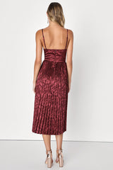 Chic Sensibility Burgundy Satin Jacquard Pleated Midi Dress