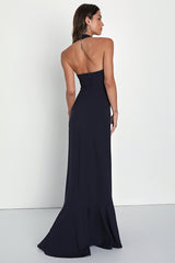Majestic Perfection Navy Blue Ruffled Halter Maxi Dress
