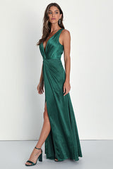 Perfect Refinement Emerald Satin Sleeveless Pleated Maxi Dress