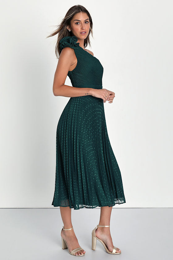 Special Charm Teal Pleated Swiss Dot One-Shoulder Midi Dress