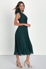 Special Charm Teal Pleated Swiss Dot One-Shoulder Midi Dress