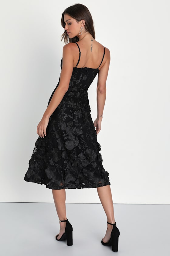 Glamour Garden Black 3D Floral Embroidered Midi Dress
