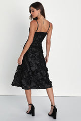 Glamour Garden Black 3D Floral Embroidered Midi Dress
