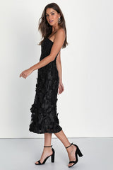 Glamour Garden Black 3D Floral Embroidered Midi Dress