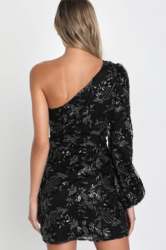 Effervescent Sparkle Black Sequin Embroidered One-Shoulder Dress