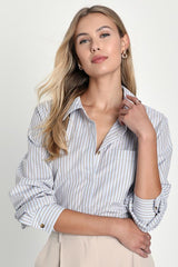 Refined Aesthetic Blue and White Striped Button-Up Top