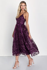 Pure Poise Dark Purple 3D Embroidered Tulle Midi Dress