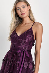 Pure Poise Dark Purple 3D Embroidered Tulle Midi Dress