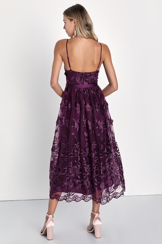 Pure Poise Dark Purple 3D Embroidered Tulle Midi Dress