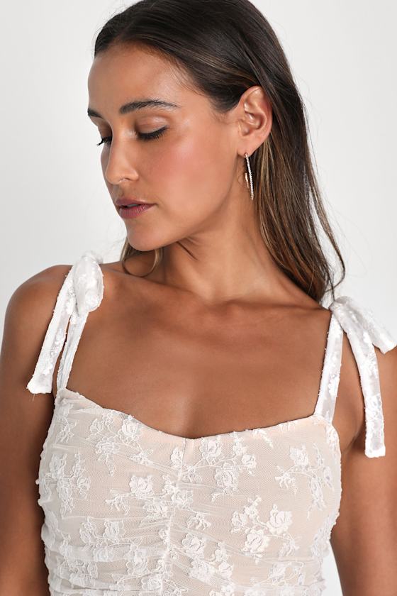 Be Mine Forever White Floral Lace Ruched Bodycon Dress