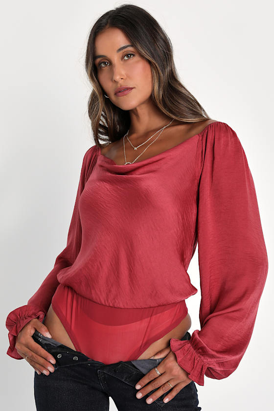 Adoringly Sweet Rusty Rose Satin Cowl Neck Long Sleeve Bodysuit