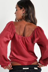 Adoringly Sweet Rusty Rose Satin Cowl Neck Long Sleeve Bodysuit