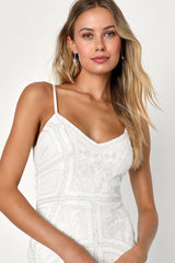 Alluring Interest White Sequin Embroidered Sleeveless Midi Dress
