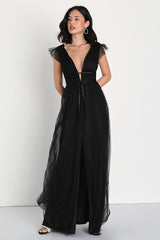 I'm All Yours Black Tulle Ruffled Maxi Dress