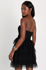 Fabulous Thoughts Black Tulle Strapless Tiered Mini Dress