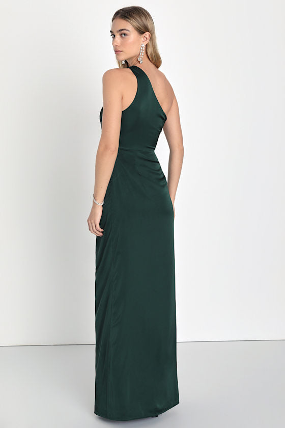 Dreaming of Elegance Emerald Satin One-Shoulder Maxi Dress