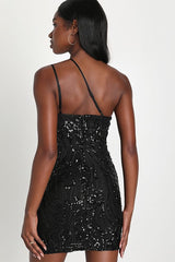 Alluring Shine Black Sequin One-Shoulder Mini Dress