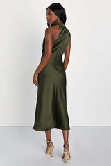 Distinctive Charm Olive Green Satin Asymmetrical Midi Dress