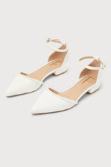 Phoebee White Satin Pearl Pointed-Toe Ankle Strap Flats