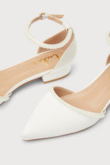 Phoebee White Satin Pearl Pointed-Toe Ankle Strap Flats