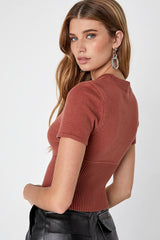 Everyone's a Winter Rust Brown Short Sleeve Seamed Sweater Top