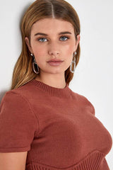 Everyone's a Winter Rust Brown Short Sleeve Seamed Sweater Top