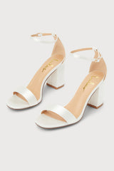 Arylee White Satin Ankle Strap Heels