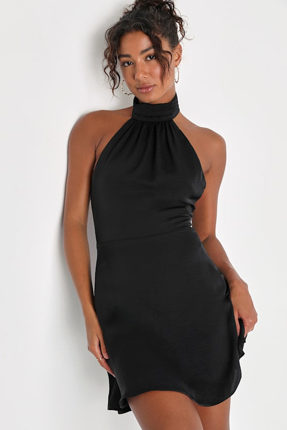 Give 'Em Glam Black Satin Sleeveless Halter Mini Dress