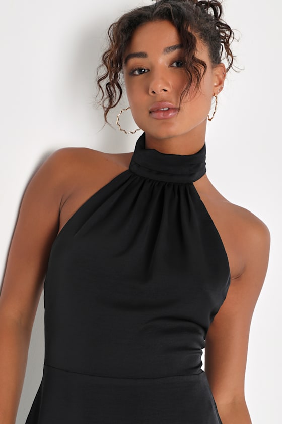 Give 'Em Glam Black Satin Sleeveless Halter Mini Dress