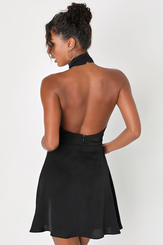Give 'Em Glam Black Satin Sleeveless Halter Mini Dress