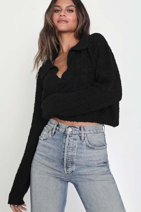 Plush Comfort Black Long Sleeve Collared Cropped Sweater Top