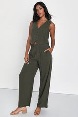 Suits You Perfectly Olive Green Linen Wide-Leg Pants