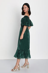 Remarkable Sensation Emerald Green Puff Sleeve Tiered Midi Dress
